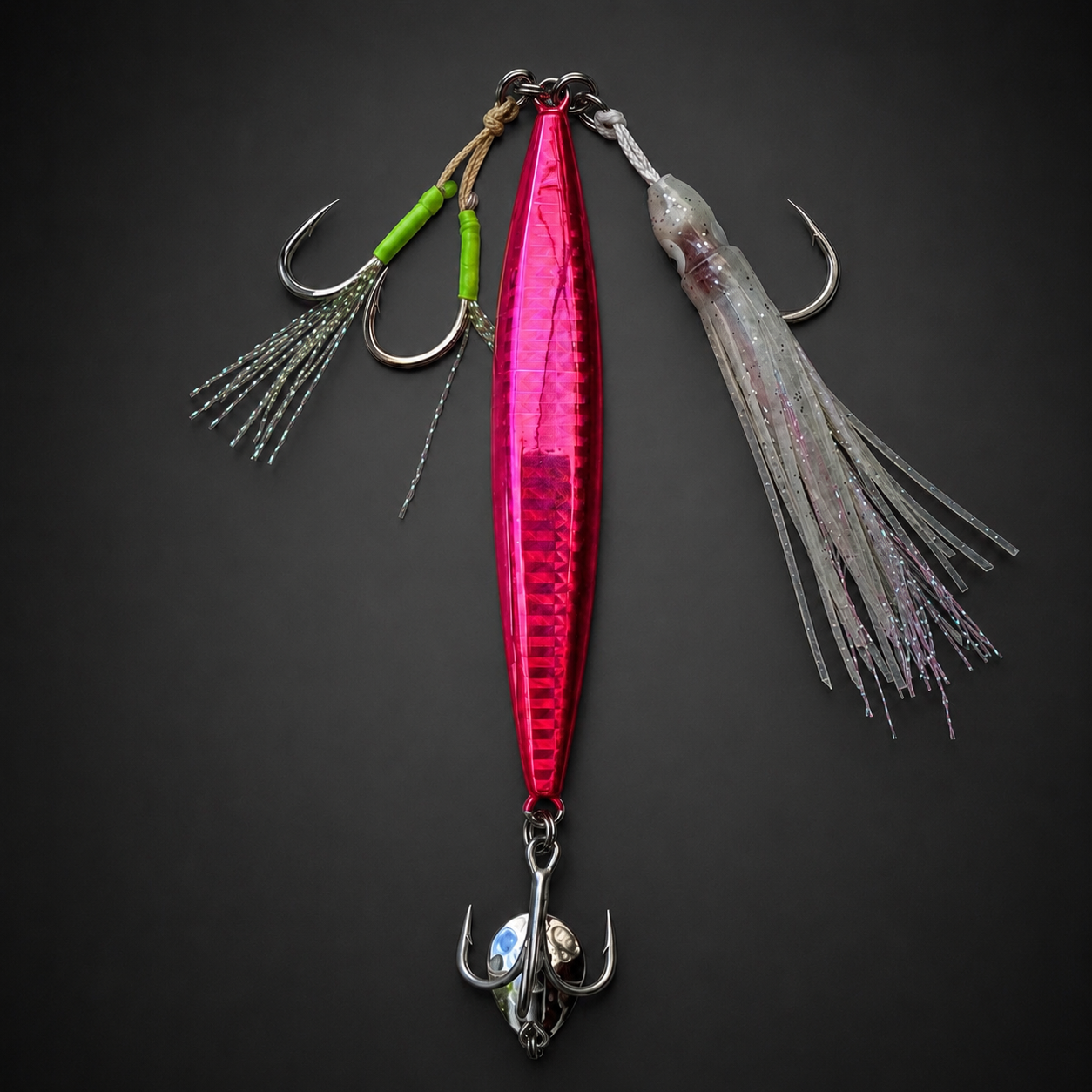 Jig fosforescente às riscas rosa/branca – jigging lento/rápido – 80g, 100g e 120g