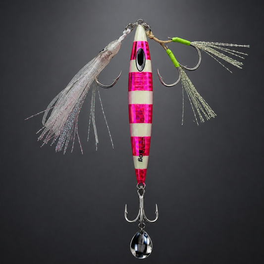 Jig phosphorescent rayé rose/blanc – jigging lent / rapide – 80g, 100g & 120g
