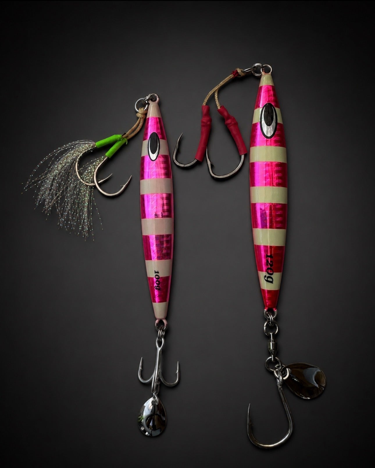Jig fosforescente às riscas rosa/branca – jigging lento/rápido – 80g, 100g e 120g